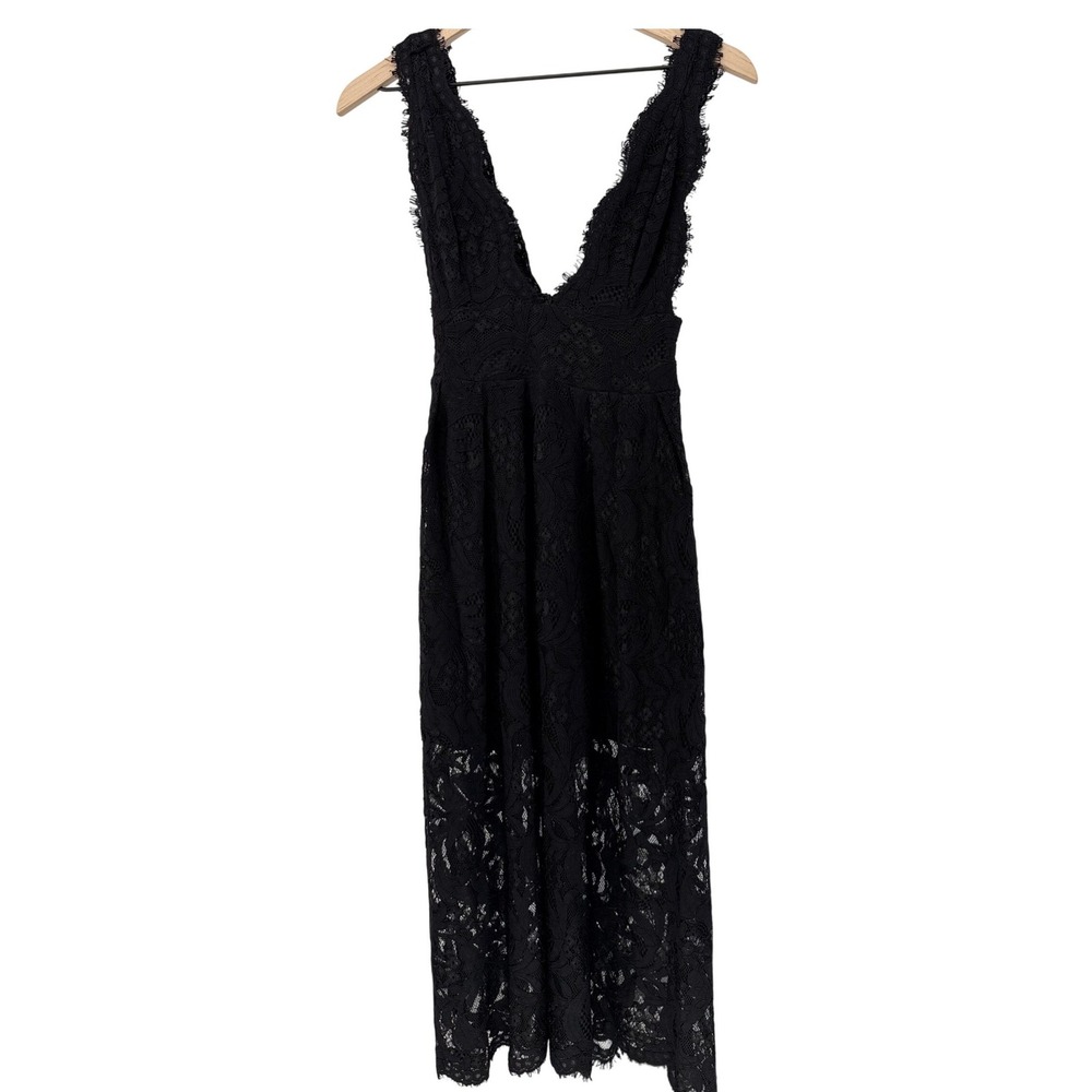 Lulus Whimsigoth Black Coquette Lace Deep V-Neck Midi Dress XS Eyelash Trim - Picture 2 of 12